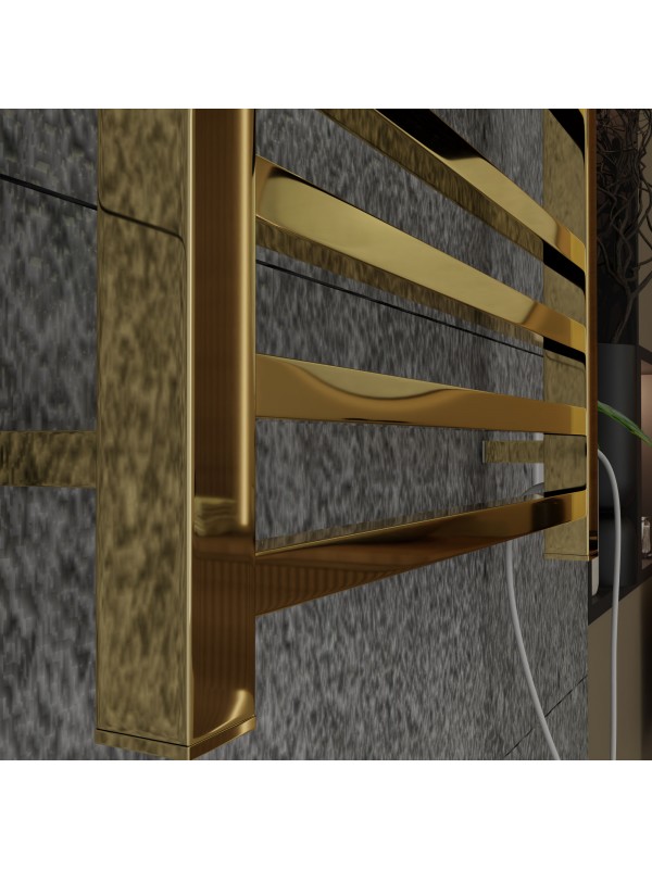 Toalheiro Térmico Dourado Polido Quadrado com Timer - Bivolt - Saída do Fio Lado Direito