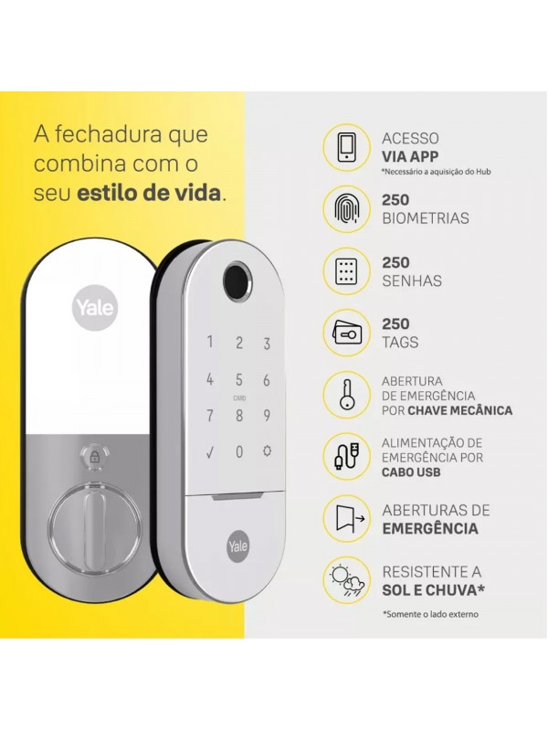 Combo Fechadura Digital Yale Lia Branca com Prata – Senha, Biometria, Cartão, Chave e Aplicativo