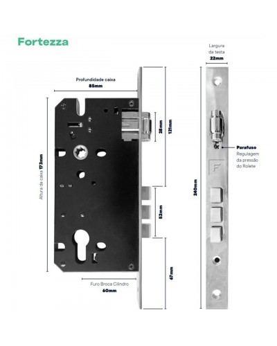 Fechadura Porta Rolete 03 Pinos Quadrada ou Redonda Chave Multiponto - Cilindro de 7cm