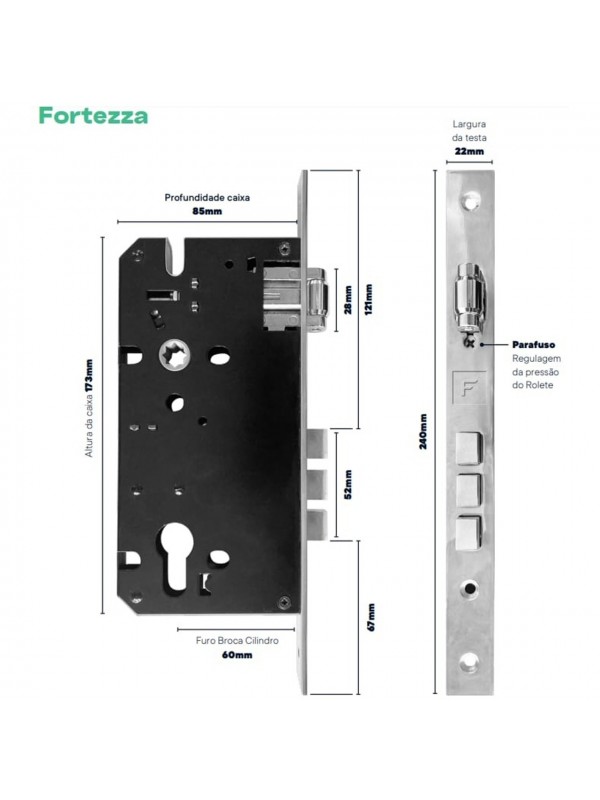 Fechadura Porta Rolete 03 Pinos Quadrada ou Redonda Chave Multiponto - Cilindro de 7cm