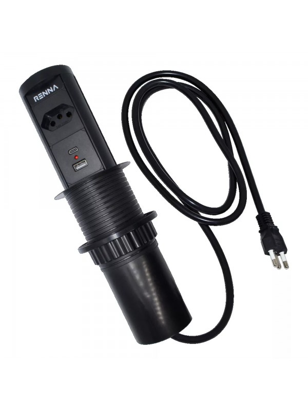 Torre de Tomada Automatica com Carregamento por Indução Preta - 1 Tomada e 2 USB