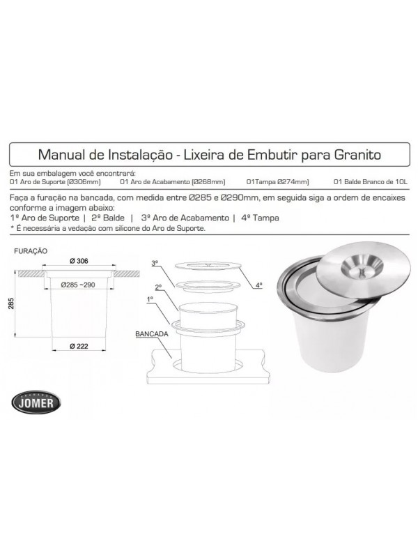 Lixeira Embutir 10 Litros com Tampa Inox - Jomer 8591